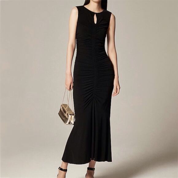 J.Crew Ruched Center Seam Dress Matte Jersey Midi Sleeveless LBD CI890 Black XS - Picture 2 of 14